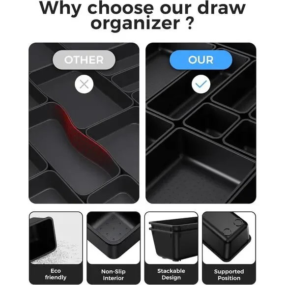 25 PCS Plastic Drawer Organizers Set, 4-Sizes Vanity and Makeup Organizer, BLACK - Picture 6 of 7